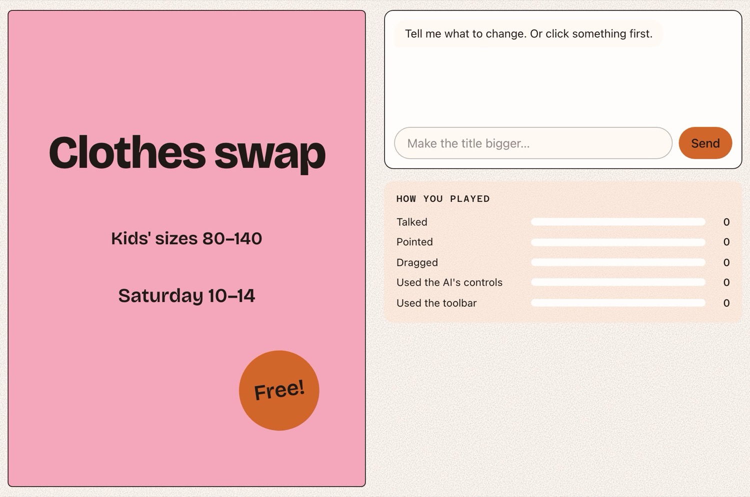 A pink clothes swap poster next to a chat box and a “How you played” panel counting talking, pointing, dragging and toolbar use