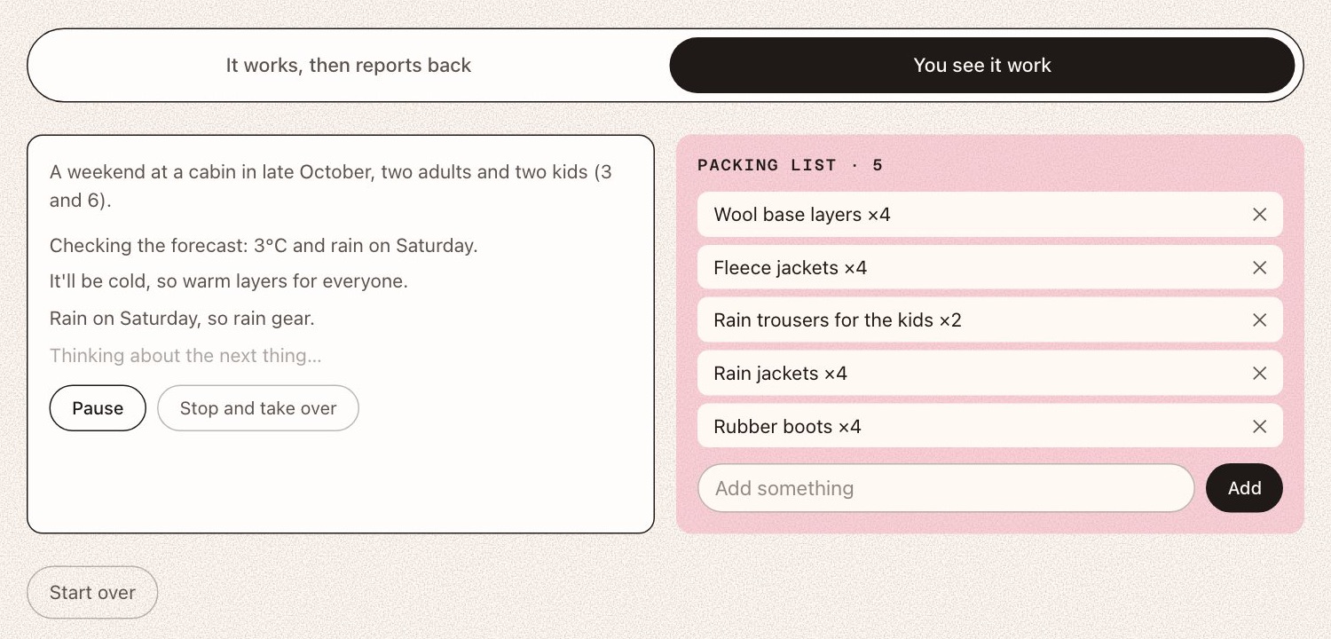 The AI packing for a cabin weekend: its reasoning on the left with Pause and Stop and take over buttons, the growing packing list on the right