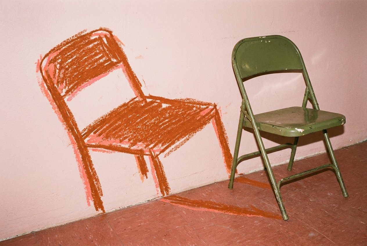 A green folding chair next to a crayon drawing of a chair