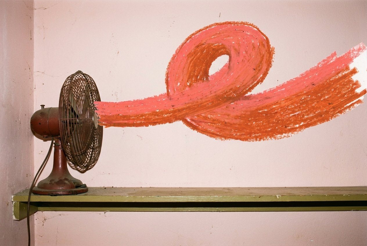 A fan blowing a crayon-drawn gust across a pink wall