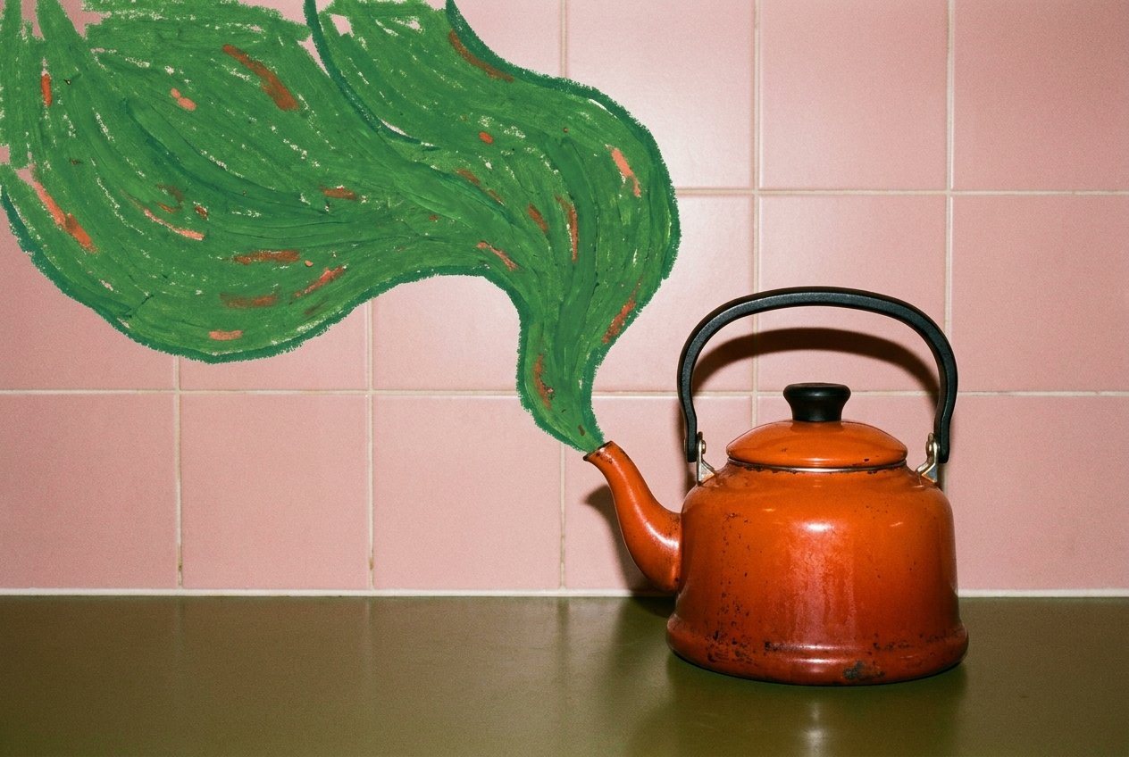 An orange kettle with crayon-drawn green steam